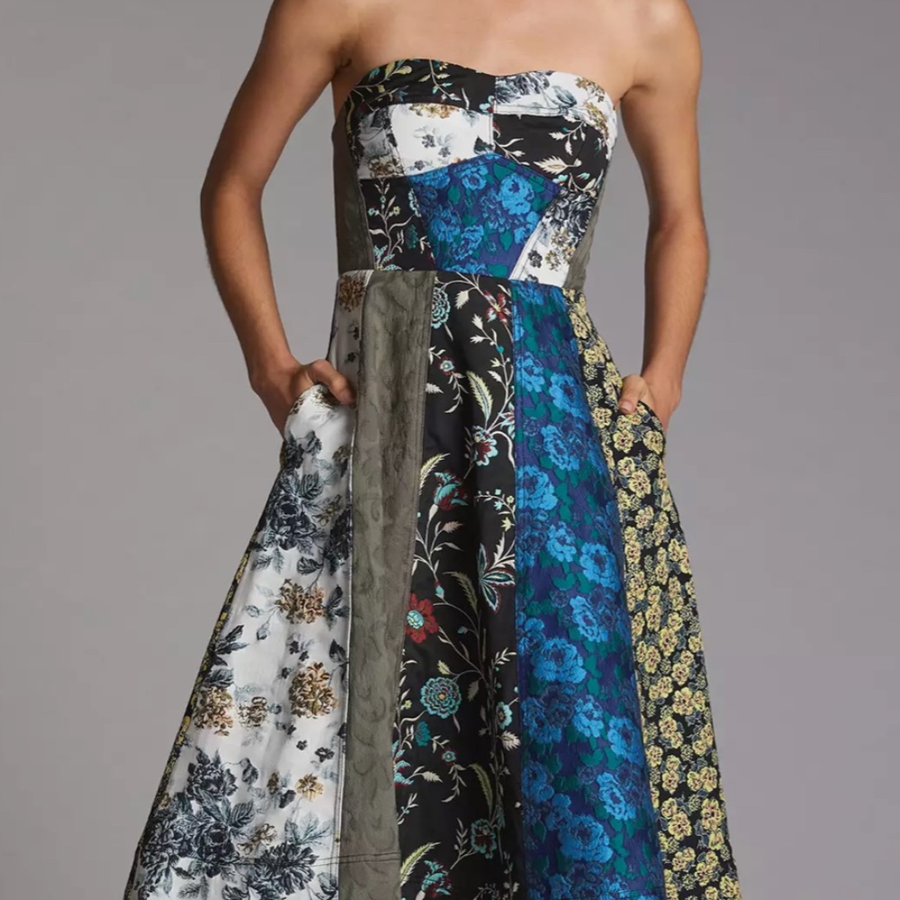 Anthropologie Patchwork Floral Sweetheart Midi Dress Size 0